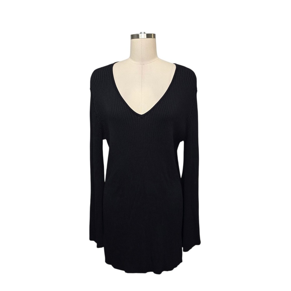 DISSH Black Ribbed Knit V-Neck Long Sleeve Tunic Dress Sweater Size Small
